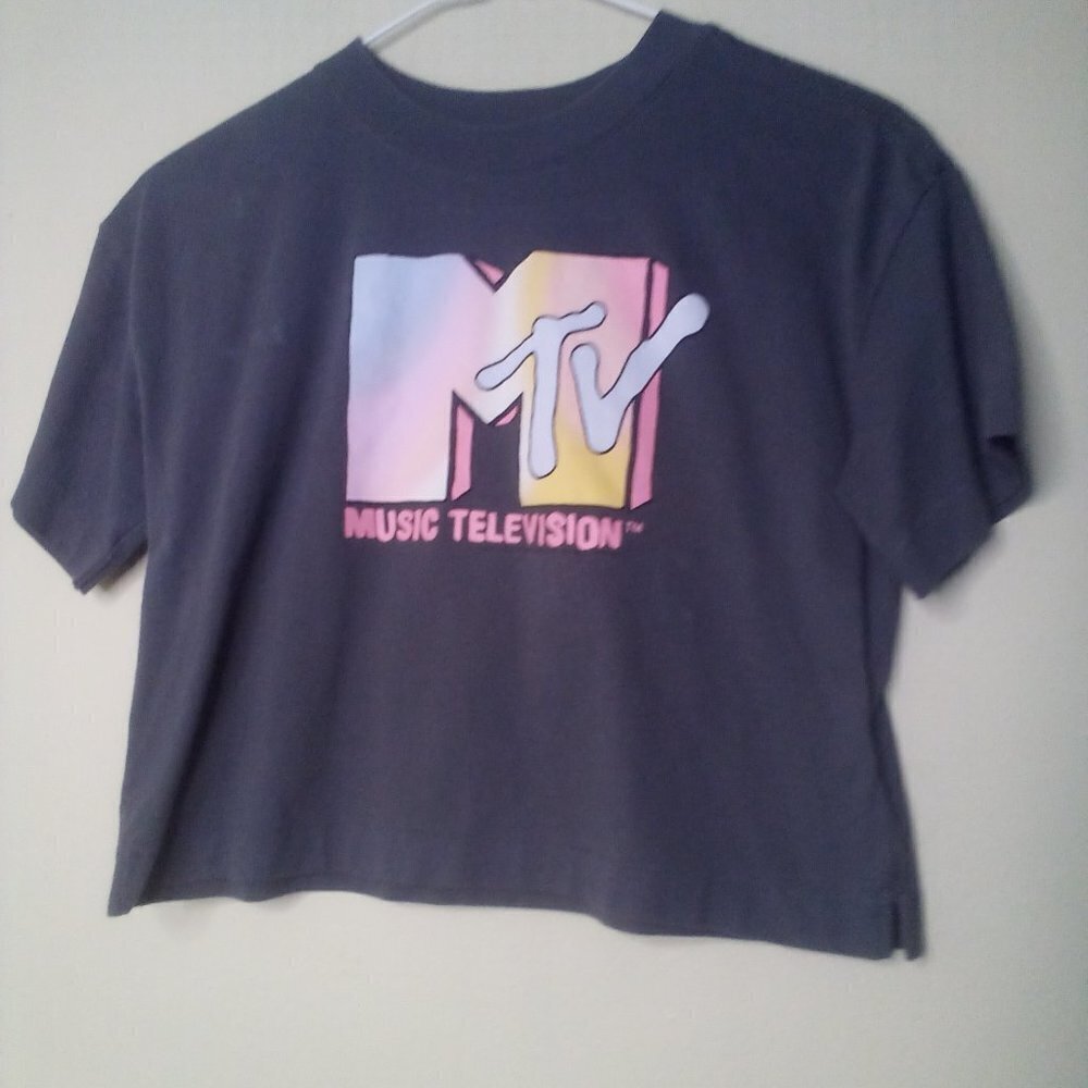Gap Teen Cropped Shirt Juniors L Short Sleeve MTV Logo Gray - Picture 3 of 13